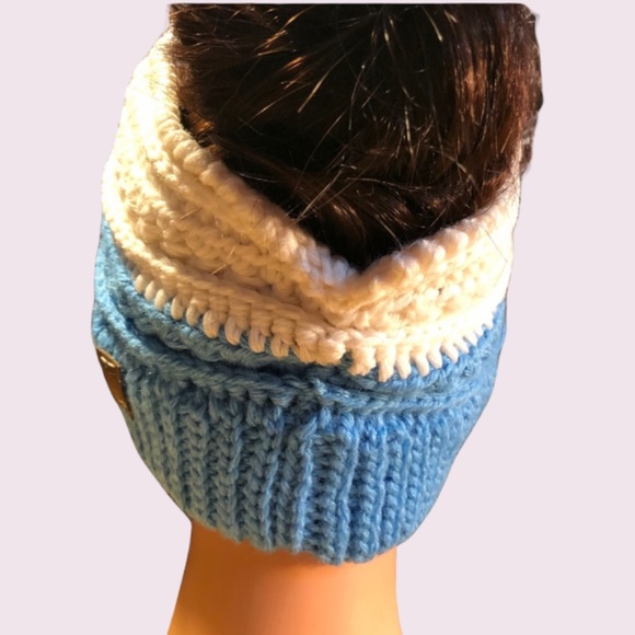 Ear Warmer Bun Beanie Headband Winter Hat White & Lt Blue - Picture 2 of 9